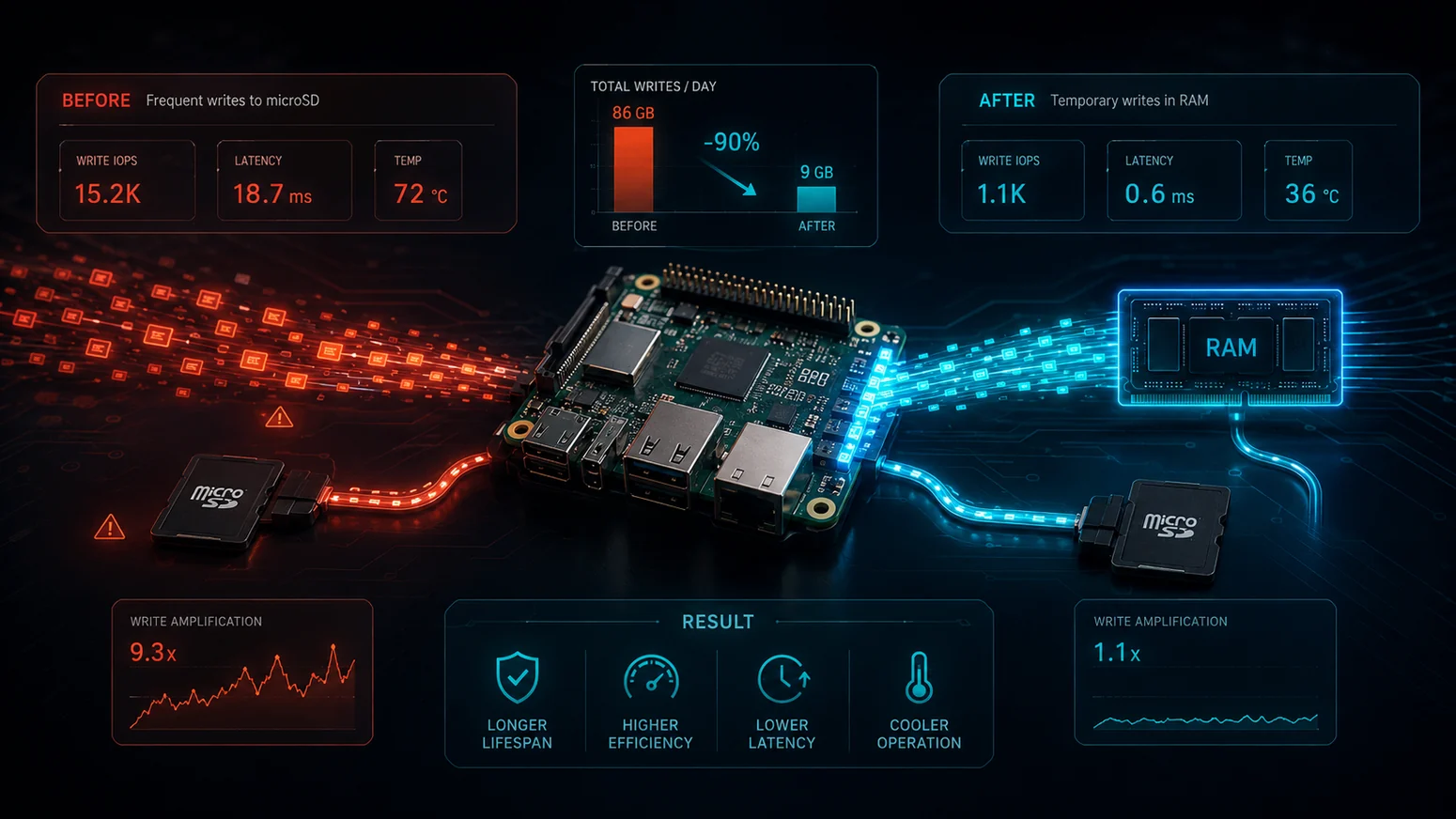 Wizualizacja efektu optymalizacji I/O microSD przez wykorzystanie RAM
